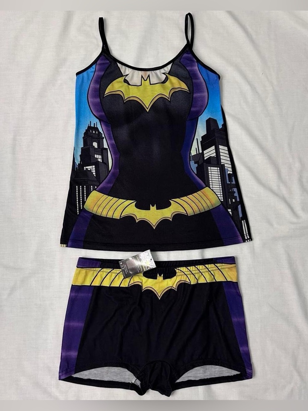 Y2K Black Purple Batgirl Cami and Shorts Pajama Set with Bat Logo Belt